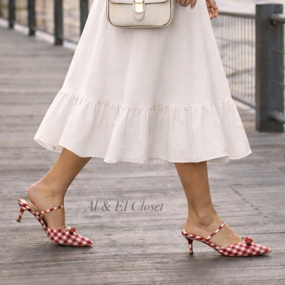 wild fable Shoes - Wild Fable Red Gingham Pointed Toe Mules Size 11 Bow Kitten Heel New With Tags